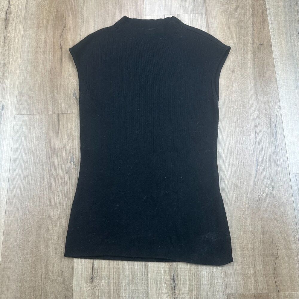 WHBM White House Black Market Women's M Wool Blend Mock Neck Semi Cap Black Tank